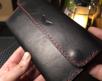 Handmade Full Grain Leather Long Wallet | Vegetable Tanned Leather Purse | Gothic Black & Red Wallet | Zip Coin Wallet | Gift for Her