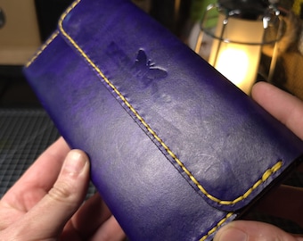 Handmade Full Grain Leather Long Wallet | Purple & Yellow Vegetable Tanned Leather Purse | Artisan Zip Wallet | Gift for Her