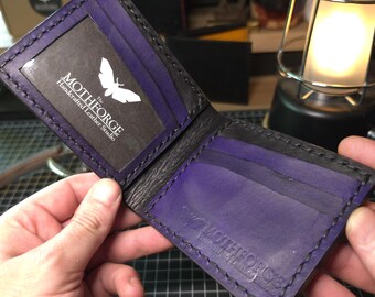 Handmade Full Grain Leather Bi Fold Wallet | Vegetable Tanned Mens Wallet | Slim Black & Purple Card Holder