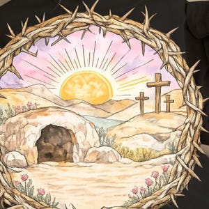 May include: Watercolor illustration of a sunrise over a landscape with three crosses on a hill and an empty tomb. The image is framed by a crown of thorns. The color palette includes shades of yellow, pink, and brown.