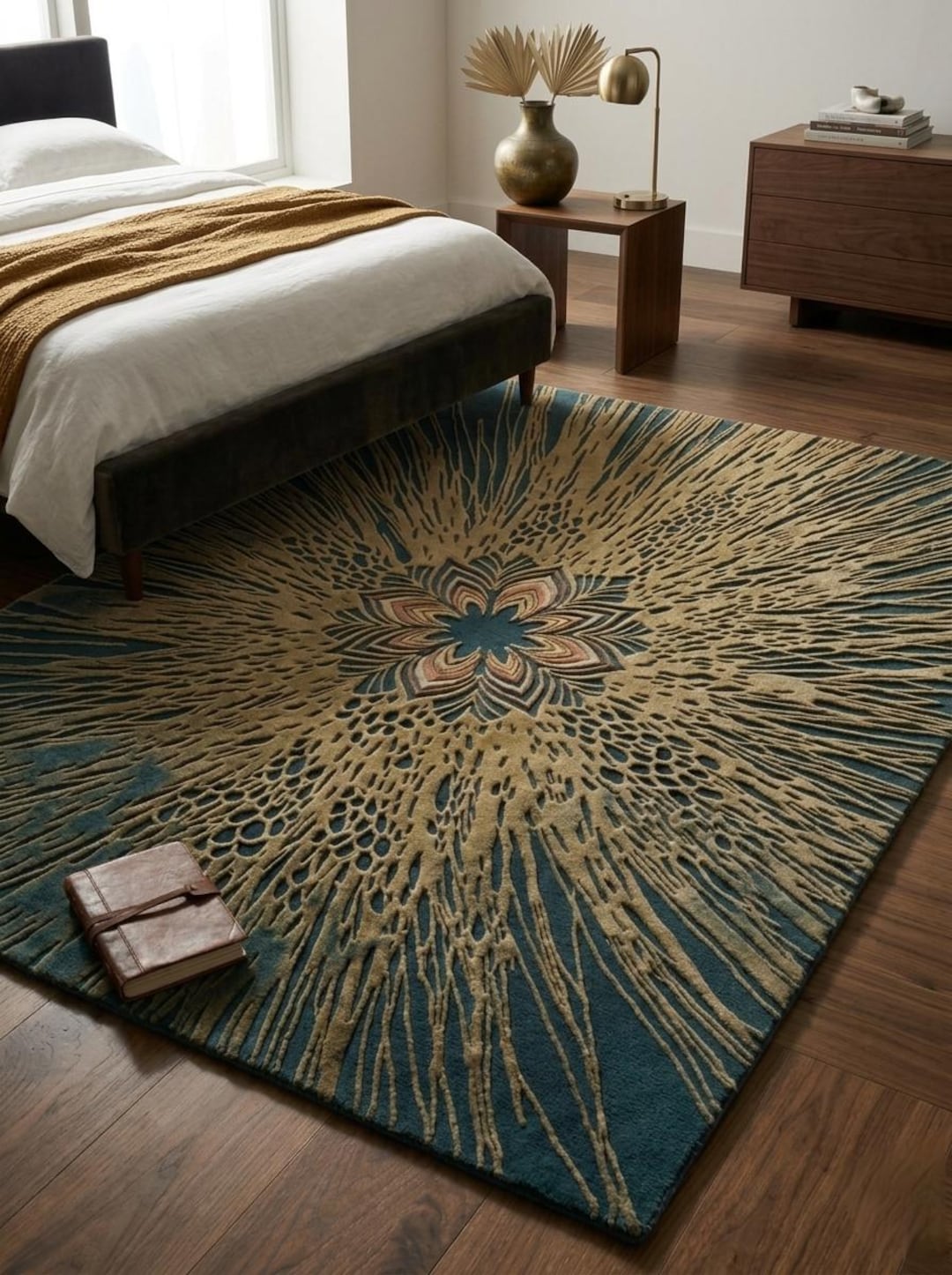 Modern Abstract Rug Hand Tufted Carpet, Teal Beige Gold Area Rug ...