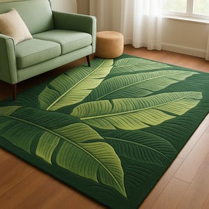 Puede incluir: Una alfombra verde rectangular con un diseño de hojas de plátano grandes en diferentes tonos de verde. La alfombra está colocada sobre un suelo de madera. En el fondo se ven un sofá verde y un pequeño puf redondo.
