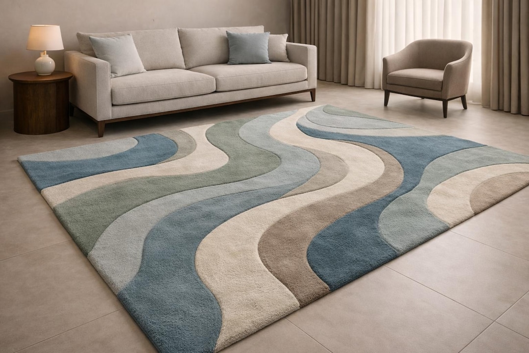 Abstract Wave Area Rug, Modern Neutral Blue Beige Living Room Rug, Hand ...