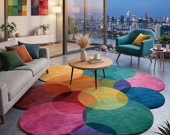 Pode incluir: Uma sala de estar moderna com um tapete circular colorido. O tapete apresenta círculos sobrepostos em tons de vermelho, laranja, amarelo, verde, azul e roxo. Um sofá cinza, uma poltrona azul-turquesa e uma mesa de centro redonda completam o espaço.