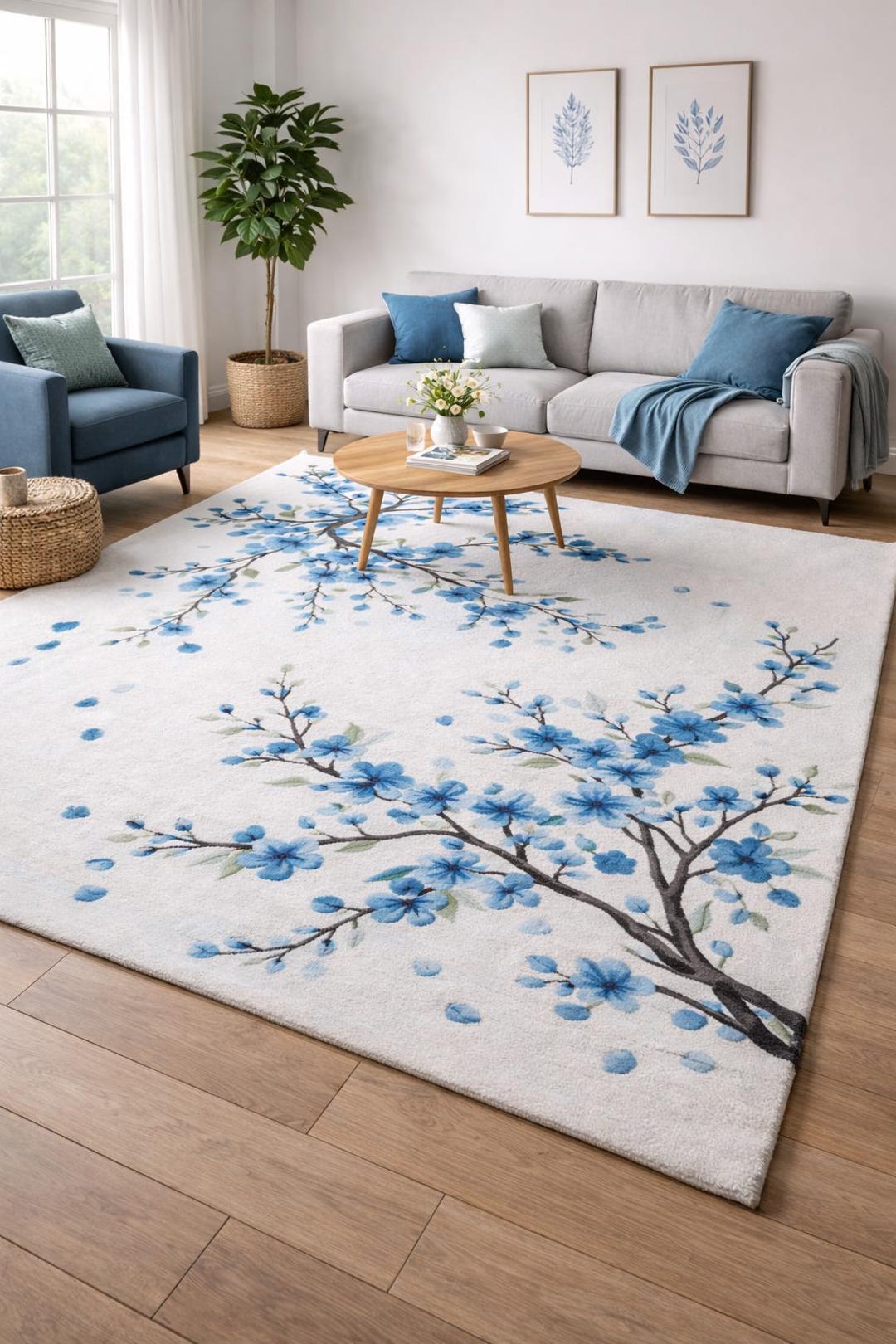 Hand Tufted Blue Floral Wool Rug – Modern Cherry Blossom Living Room ...