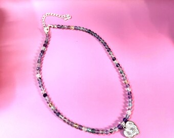 Faceted Fluorite Beaded Necklace with Stainless Steel Heart