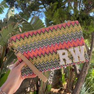 Personalised Chevron Zig Zag Pouch Beach Clutch Patch Toiletry Makeup Cosmetic Bag Holiday Hen Do Vacation Evening Bag Pool pouch honeymoon