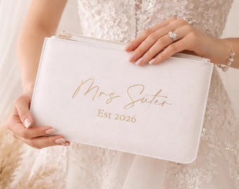 Personalised Mrs To Be Bridal Saffiano Leather Clutch Bag Zip Pouch Bride Future Mrs Personalised Hen bag Honeymoon bag Wife To Be Custom