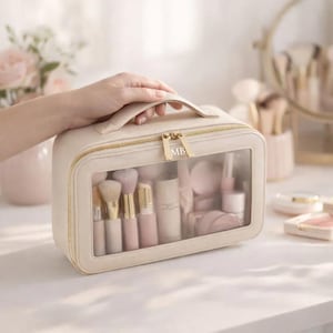 Peut inclure: Une trousse de maquillage beige avec un panneau avant transparent, une fermeture éclair dorée et une poignée. Le sac est rempli de pinceaux de maquillage, de flacons et de poudriers. Les initiales "MB" sont sur la fermeture éclair.
