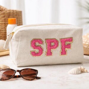 Borsa per cosmetici, articoli da toeletta in tela con toppa personalizzata, astuccio per matite, snack, toppa, borsa per crema solare SPF, borsa da viaggio, toppa, borse in ciniglia