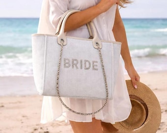 Block Letters Bride Stone Large Chain Initial Tote Bag Beach Bag Hand luggage airplane Shoulder Custom hand bag wedding hen do honeymoon