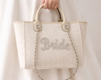 Bride Stone Large Chain Initial Tote Bag Beach Bag Hand luggage airplane Shoulder Custom hand bag Canvas Bag bride wedding hen do honeymoon