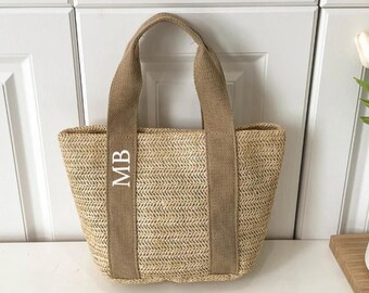 Personalised Ribbon Straw Hand Bag Small Straw Bag Mini Straw Tote Bag Bridesmaid Gift Hen Party Small Beach Bag Holiday Straw Bag