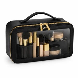 Grande trousse de maquillage personnalisée en cuir Saffiano avec panneau transparent, trousse de toilette, trousse de voyage, soins de la peau, maman nan, fille tante