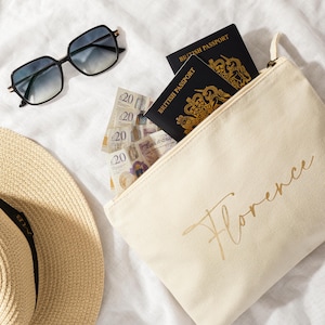 Può includere: Un astuccio da viaggio color crema con il nome "Florence" in oro, pieno di passaporti britannici e banconote. Sono visibili anche un paio di occhiali da sole e un cappello di paglia.