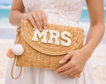 Personalised Pom Pom Clutch Cross Body Bag Honeymoon Abroad Wedding Hen Party Holiday Bride Wifey mrs wedding gift initial summer