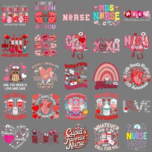 May include: A selection of graphic designs with medical themes, featuring text such as "Nurse," "Dialysis Technician," and "Tachycardia." Designs include hearts, medical equipment, and cartoon characters, in shades of red, pink, and white.