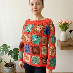 Handmade Crochet Granny Square Sweater, Colorful Patchwork Pullover, Cotton Denim Yarn Boho Jumper