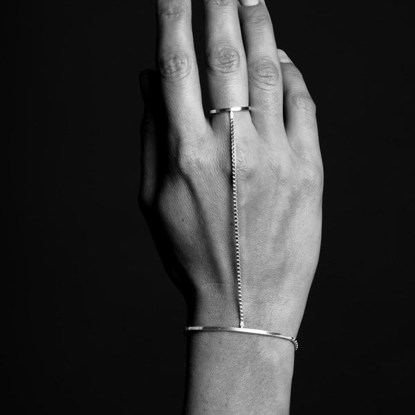 sterling silver sleek handpiece, chain ring bracelet, modern, sexy chain, minimal, attached ring, unique, bracelet with ring | F E M M E
