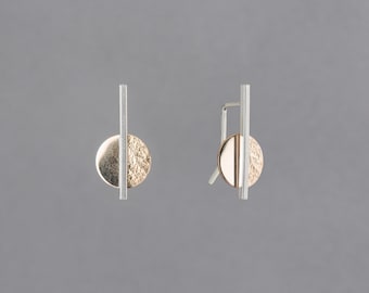 Modern Tiny Earring with Silver and Gold, Unique Two Tone, Disc Pull Through, Tour Earrings | Tejas Collection From Haley Lebeuf