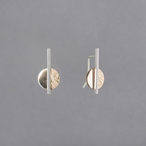 Modern Tiny Earring with Silver and Gold, Unique Two Tone, Disc Pull Through, Tour Earrings | Tejas Collection From Haley Lebeuf