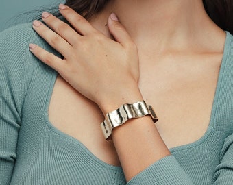 Thick cuff, silver or gold-fill statement piece, hammered metal, wide band | Wave Arch Bracelet from the Springs Collection by Haley Lebeuf