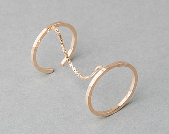 Double Ring, connected by dainty chain, handmade in silver or 14k gold | "Sundial Double Ring" in the Sequence Collection by Haley Lebeuf