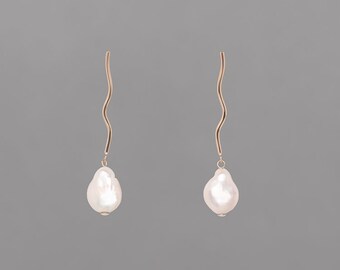 Freshwater baroque pearl drop, dangle, handmade, silver, gold-fill, modern | Flourish Pearl Earring from Springs Collection, Haley Lebeuf