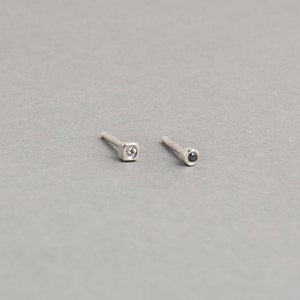 Tiny, asymmetrical, studs, diamonds, geometric, circle and square, silver or vermeil, Stardust Studs | Voyager Collection by Haley Lebeuf