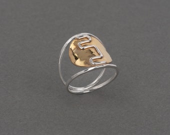 Two Step Ring, Aztec, Mixed Metal, Southwest Style, Silver and Brass, Lightweight, Low-Profile Statement | Rhythm Collection by Haley Lebeuf