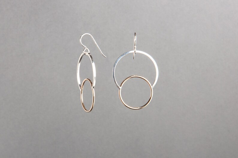 Mixed metal earrings, modern jewelry, handmade in USA, minimalist, gold and silver Eclipse Earrings Voyager Collection by Haley Lebeuf image 2