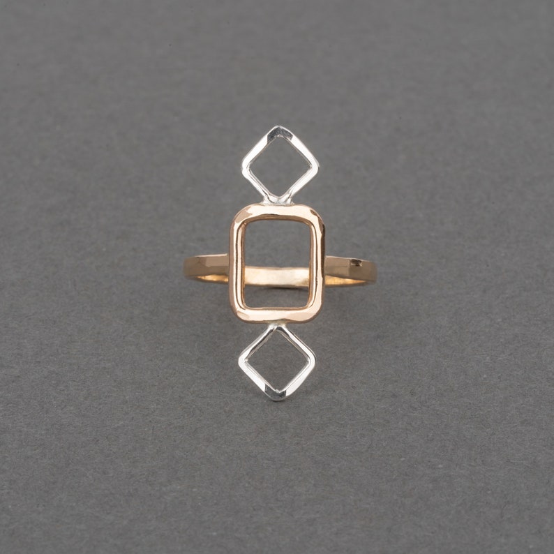 Dip Two Tone Ring, Mixed Metal, Geometric Southwestern Style, Silver, Gold-Fill, Handmade, Square Statement Rhythm Collection Haley Lebeuf image 2