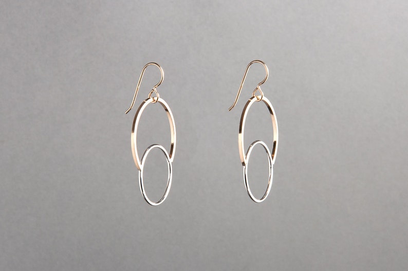 Mixed metal earrings, modern jewelry, handmade in USA, minimalist, gold and silver Eclipse Earrings Voyager Collection by Haley Lebeuf image 5
