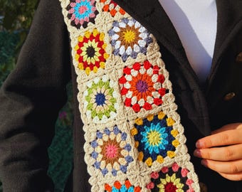 Handmade Crochet Granny Square Scarf, Colorful winter Shawl