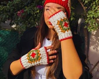 Handmade Crochet Granny Square Hat and Fingerless Gloves Set