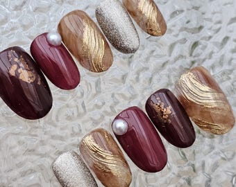 Wine Red & Caramel Marble Press On Nails Gold Foil Nail Art Autumn Elegant False Nails Pearl Accent Nails Handmade Set Winter Nails