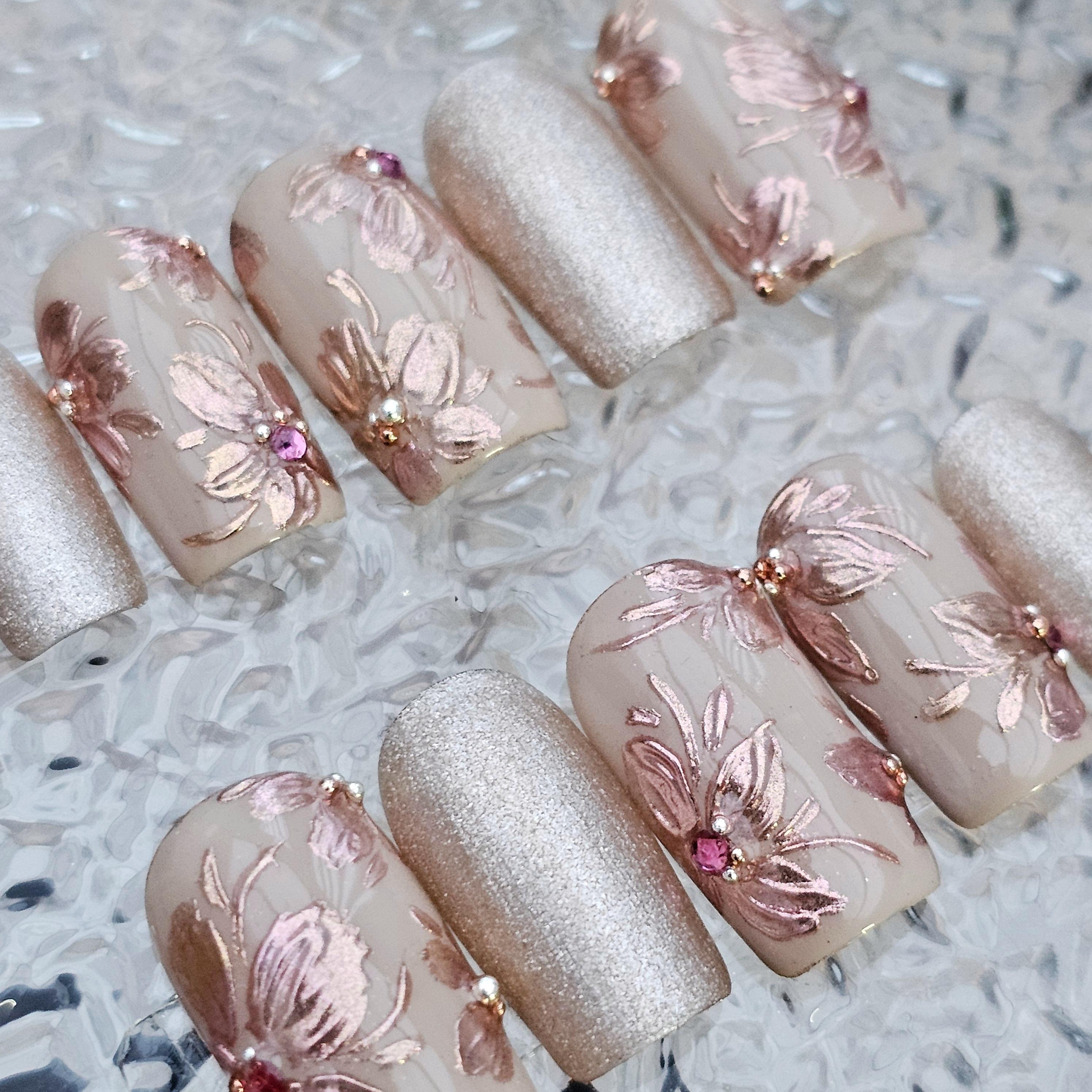 nails for a rose gold dress Floral Press On | Handmade 3D Flower Nail Art | Bridal Nails | Champagne Cat Eye Nails | Luxury False Nails Tulle