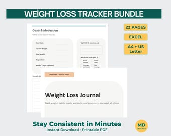 Paquete de seguimiento de pérdida de grasa / PDF imprimible + Panel de Excel y Hojas de cálculo de Google / Tamaño carta A4 (EE. UU.)