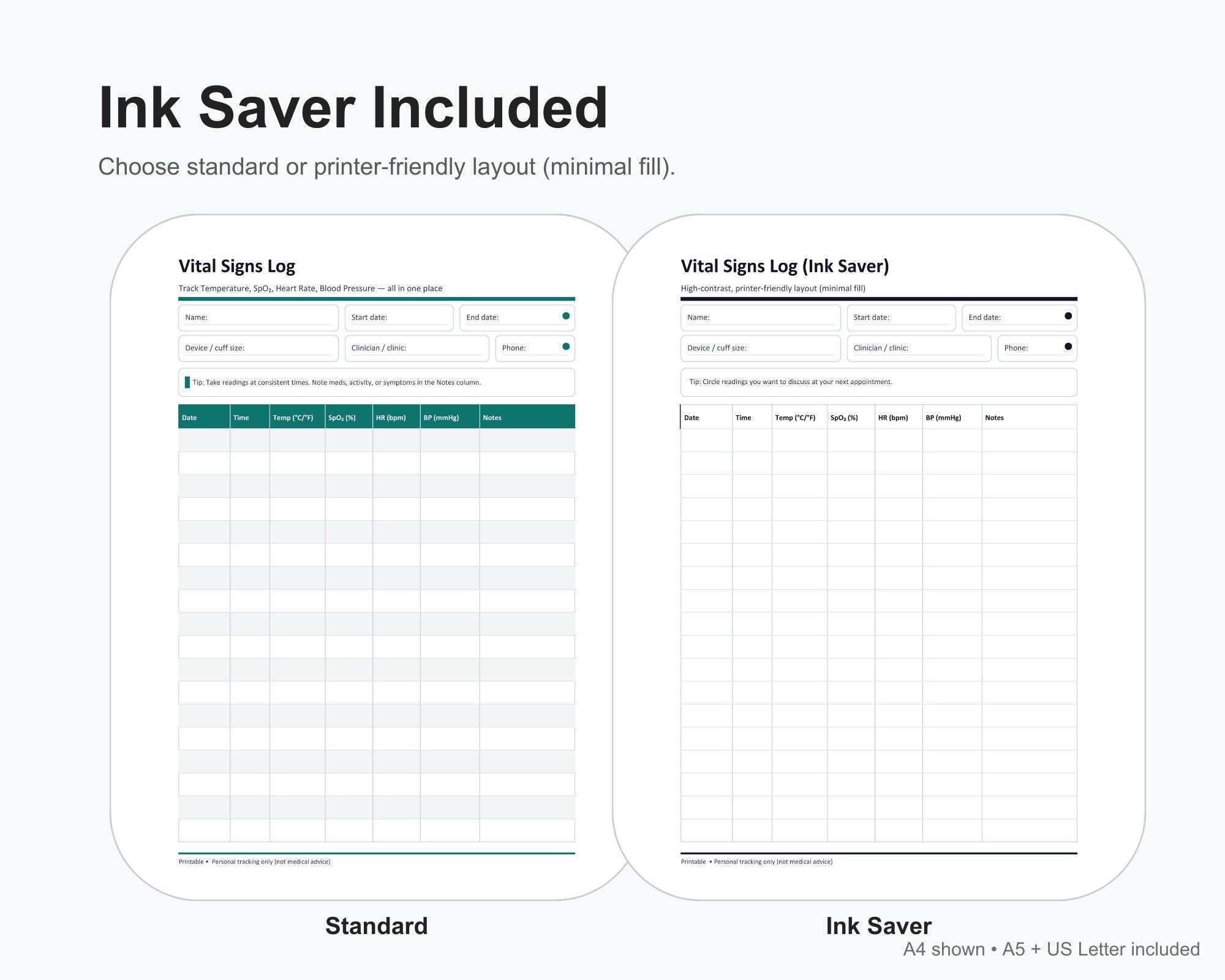 Spo2 Log Template Vital Signs Log Printable Pack | Blood Pressure, Pulse, Spo2, Temp | A4 ...
