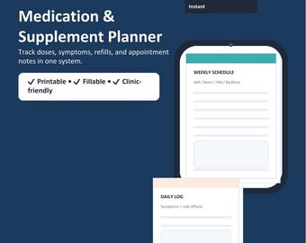 Planificador de suplementos de medicación / Programa semanal de mañana y tarde, registro de síntomas (descarga digital)