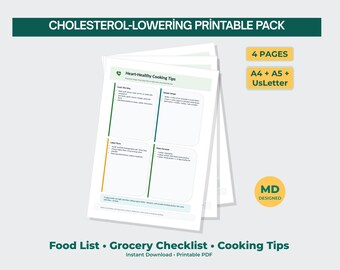 Lista de alimentos imprimibles para reducir el colesterol / Tabla de alimentos LDL / Guía de alimentos saludables para el corazón (PDF)