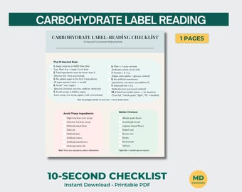 Lista de verificación de etiquetas de alimentos imprimible / Guía de calidad de carbohidratos / Hoja de trabajo de la regla de los 10 segundos (PDF)