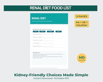 Lista de alimentos para la dieta renal imprimible / Guía de compras apta para riñones (PDF, A4, A5, Carta EE. UU.)
