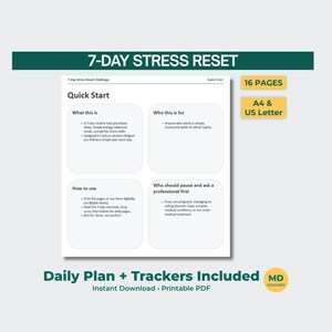 Può includere: Un PDF stampabile intitolato "7-Day Stress Reset" con una guida rapida. Il documento include sezioni su cos'è il piano, a chi è rivolto, come usarlo e quando consultare un professionista. Menziona anche 16 pagine e formati A4 e US Letter.