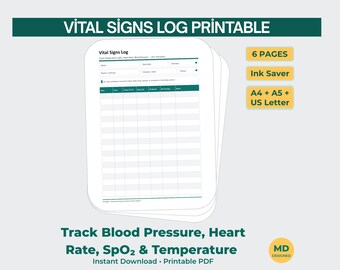 Paquete imprimible de registro de signos vitales / Monitor de presión arterial, pulso, SpO2 y temperatura (tamaño A4, tamaño carta de EE. UU.)