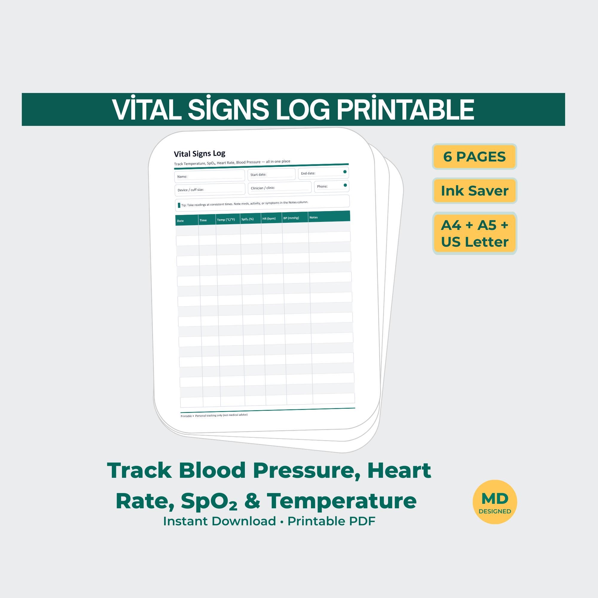 Spo2 Log Template Vital Signs Log Printable Pack | Blood Pressure, Pulse, Spo2, Temp | A4 ...