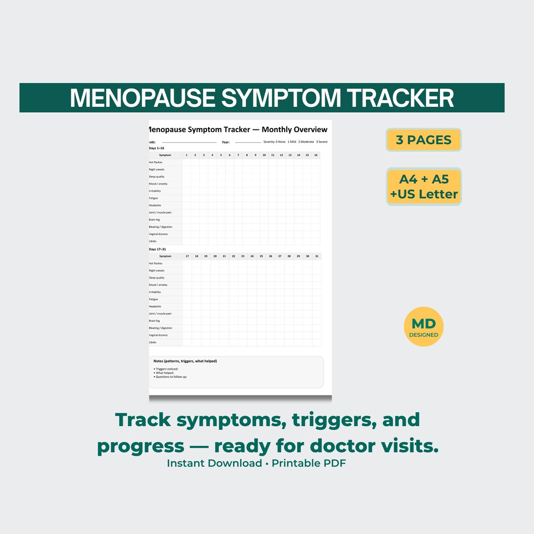 Menopause Symptom Tracker Printable | Daily Weekly Monthly Log | Hot ...
