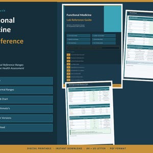 May include: A digital printable lab reference guide for functional medicine. The guide includes 10 lab panels, optimal and normal ranges, a symptom-lab chart, and information on thyroid and Hashimoto's. Available in A4 and US letter versions.
