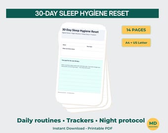Planificador de rutina nocturna imprimible de 30 días para restablecer la higiene del sueño + Desintoxicación digital