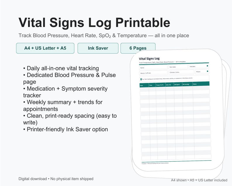 Spo2 Log Template Vital Signs Log Printable Pack | Blood Pressure, Pulse, Spo2, Temp | A4 ...